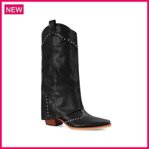 Snip Toe Fold Over Studded Cowboy Boots Chunky Heel Wide Calf Pull On